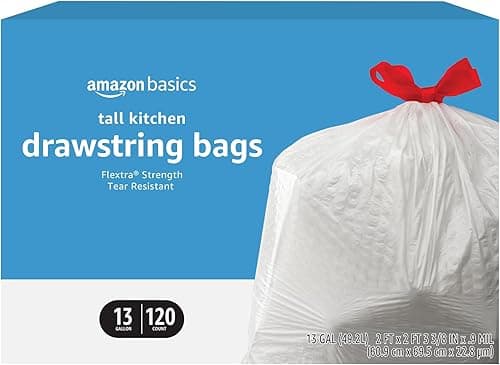 Amazon Basics Flextra Tall Kitchen Drawstring Trash Bags 13 Gallon, 120-Count