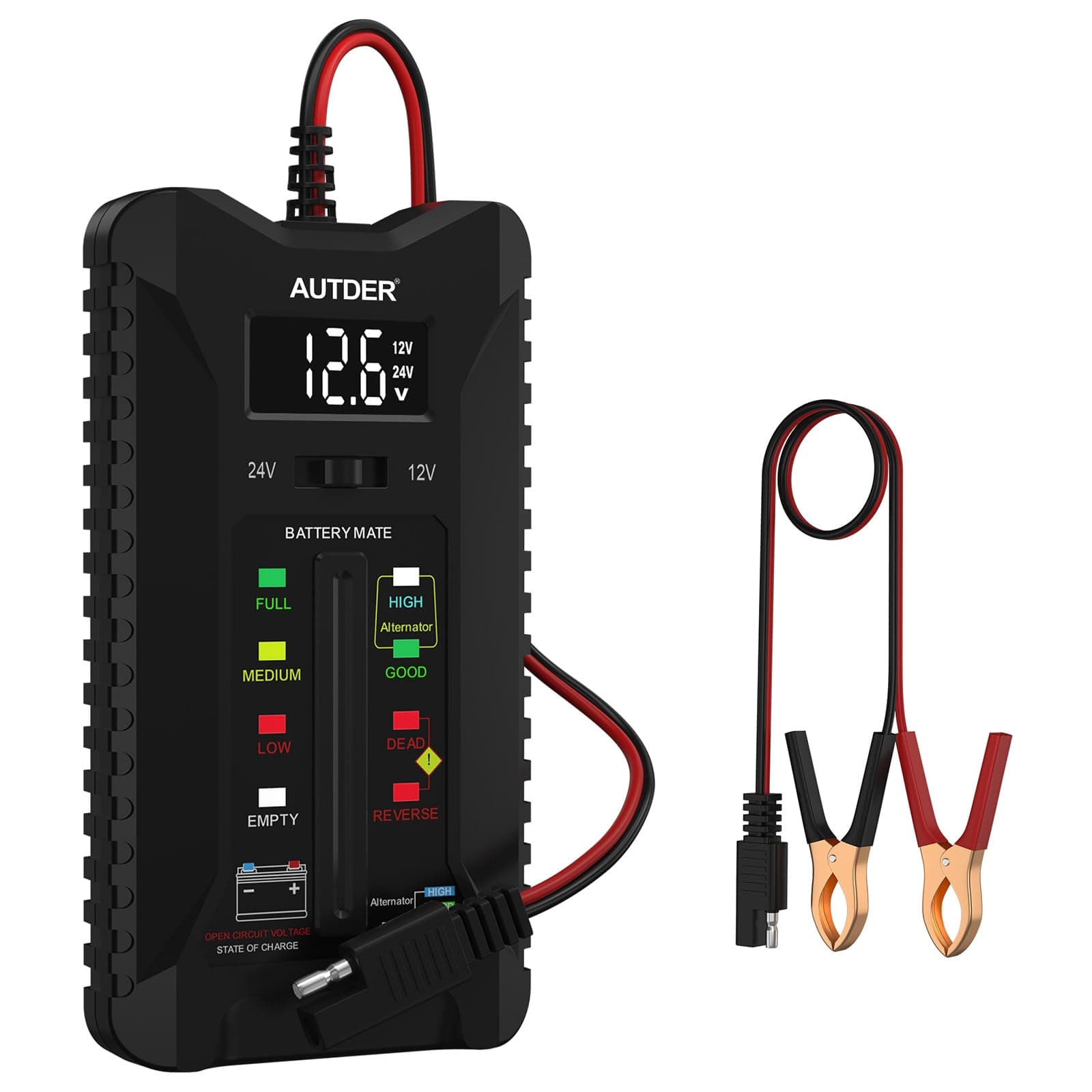AUTDER Car Battery Tester 12V/24V, Digital Voltmeter with LCD Display & LED Indicators, Automotive Battery & Alternator Analyzer, Clamp Connection for Cars, Motorcycles, RVs