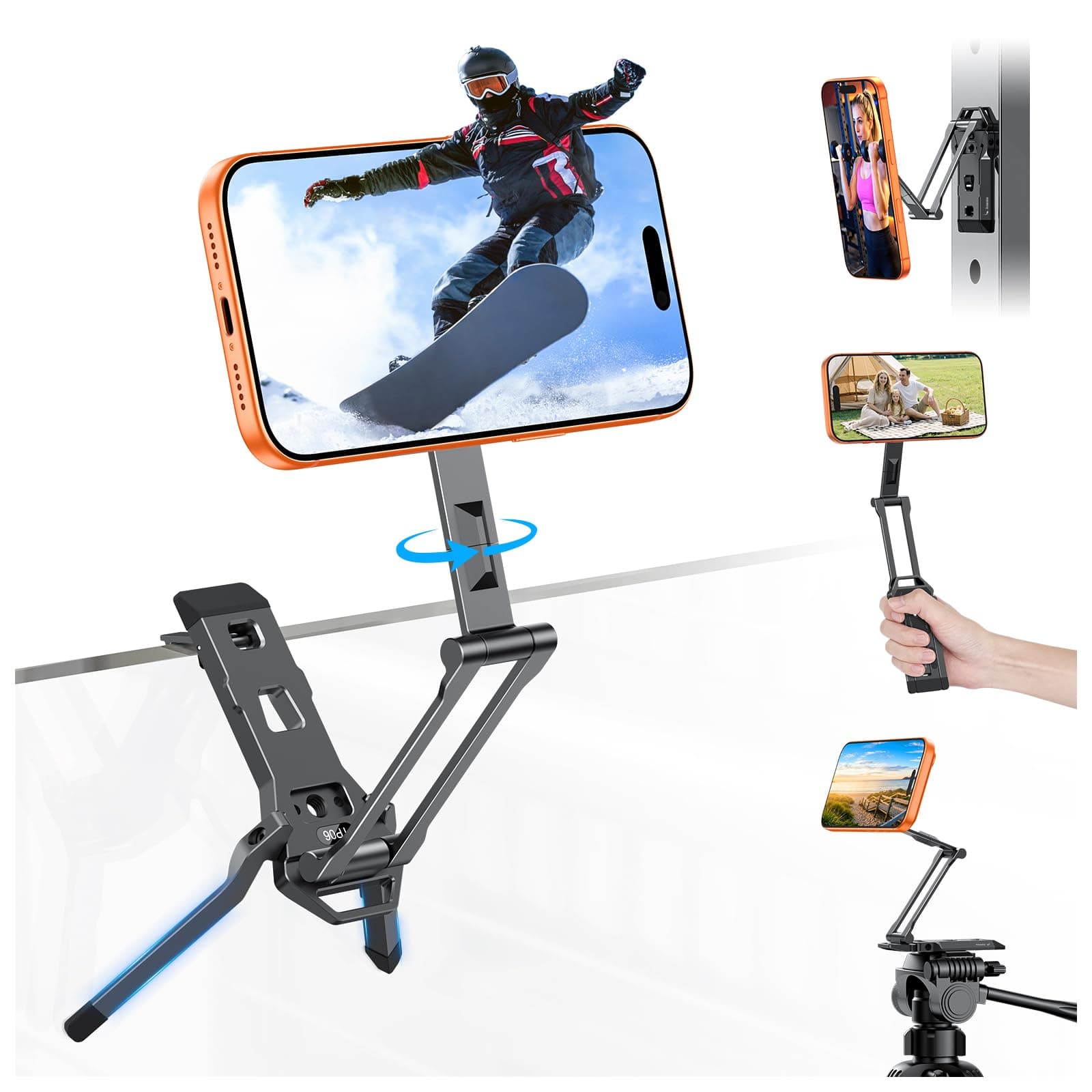 OMOTON TP06 [Equipped Lanyard] for MagSafe Tripod Hook with Magnet Back & Arca-Swiss Base, 360°Rotating with 1/4" Screw, Magnetic Phone Tripod for iPhone 17/16 Pro Max Air Fits Vlog, Travel, Gym