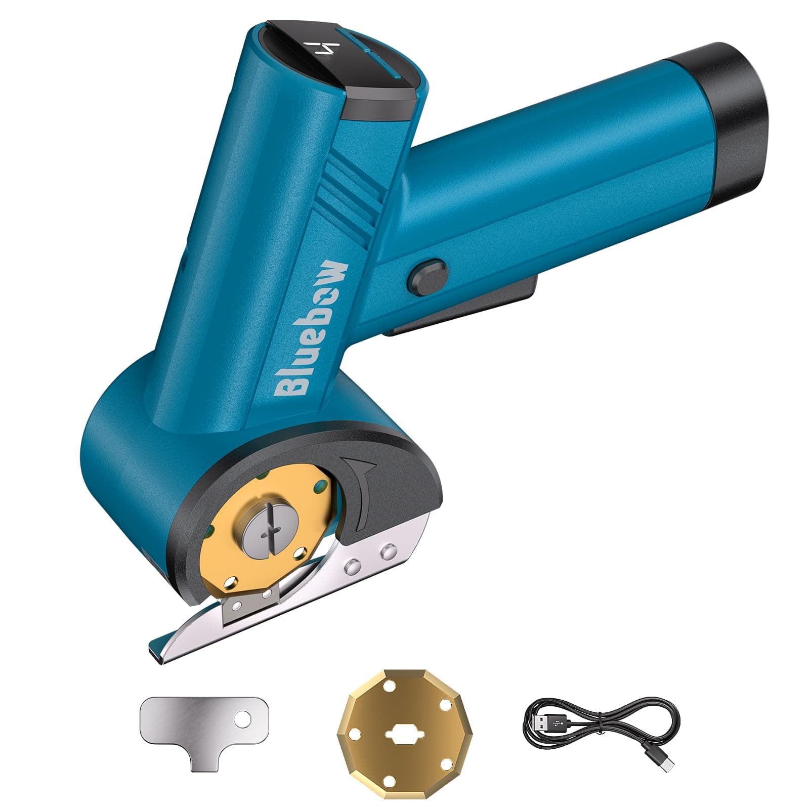 Cordless Electric Scissors, Rechargeable Cardboard Cutter with LED Light, 4-Speed Settings, Safety Lock, 2 Blades, USB-C Battery Powered Box Cutter for Carpet, Leather, Fabric, Packages, Blue
