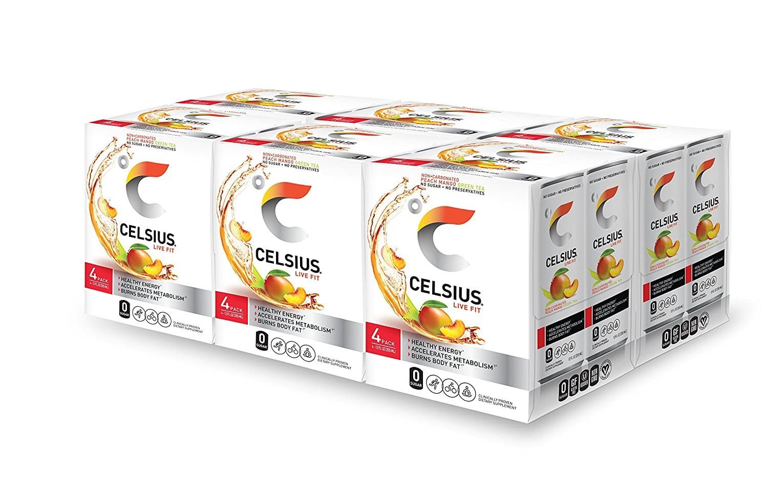 CELSIUS Peach Mango Green Tea, Functional Essential Energy Drink 12 Fl Oz (Pack of 24)