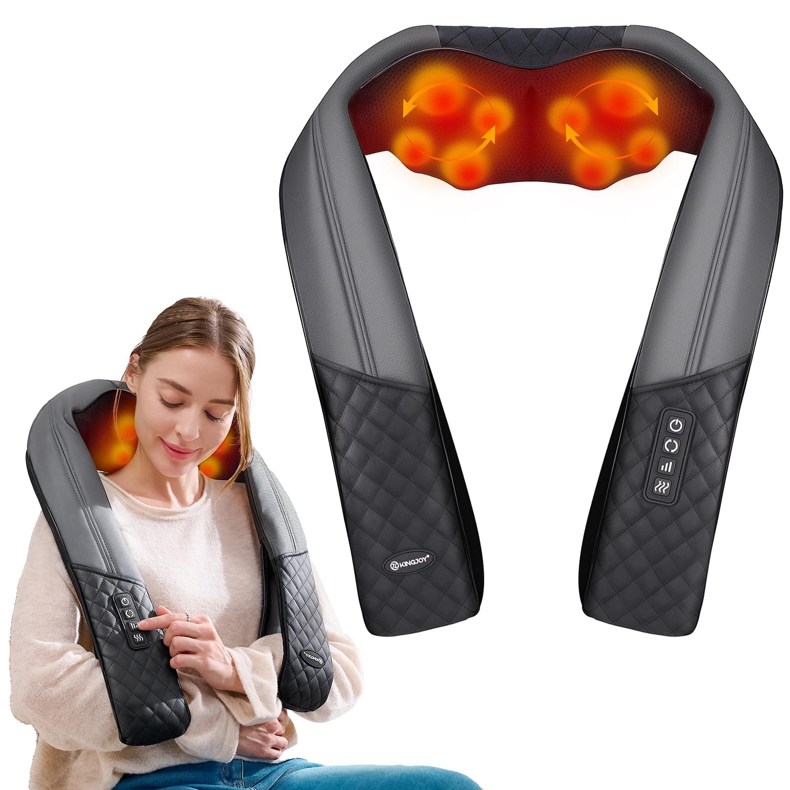 KINGJOY Neck and Shoulder Massager with Heat, Shiatsu Neck and Back Massager for Back, Shoulder, Legs, 2025 Upgraded 4D Kneading Deep Tissue Pain Relief, Gifts for Women/Men/Mom/Dad, Plug-in Use Only