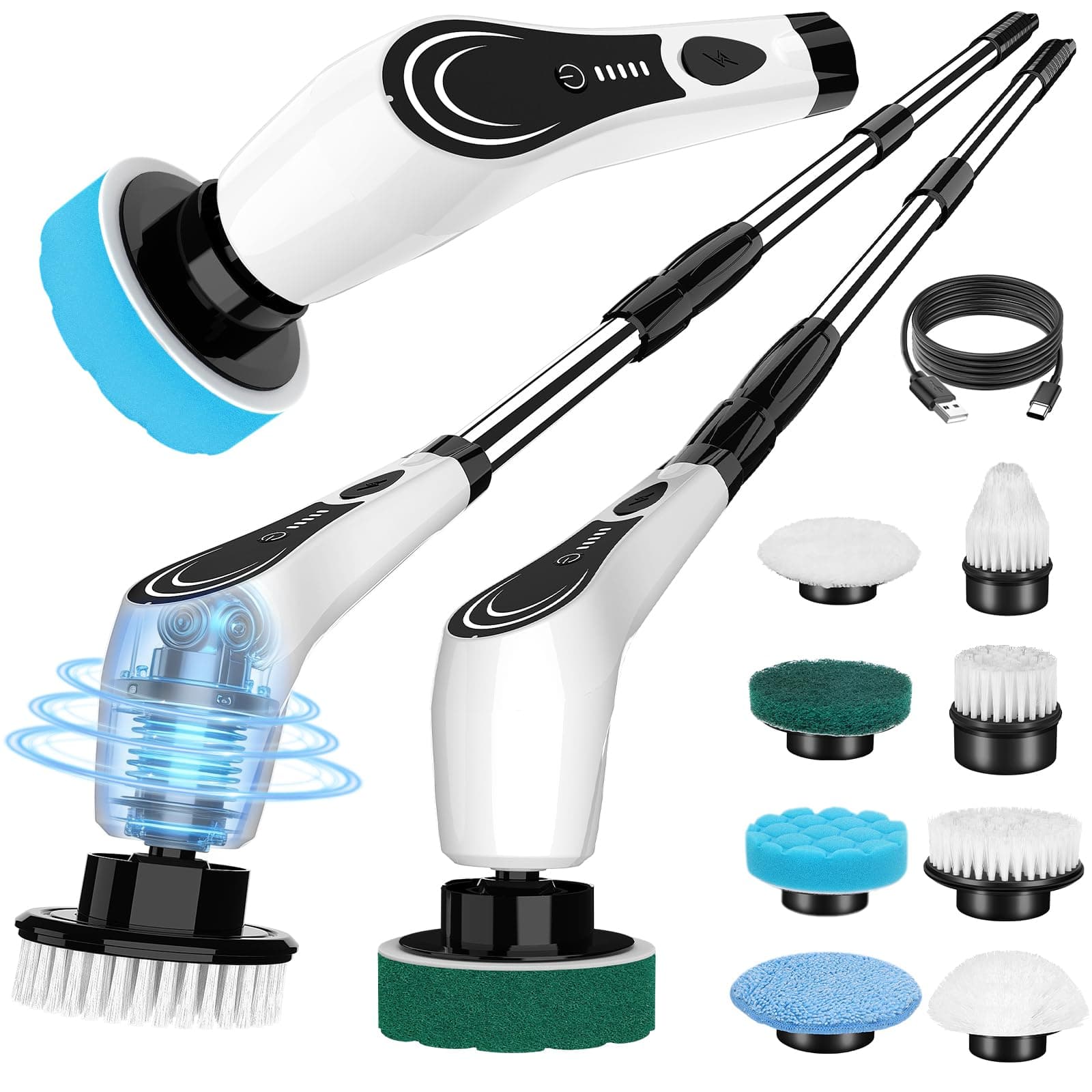 Electric Spin Scrubber, Cordless Power Scrubber with Replaceable Brush Heads, 2-Speed Adjustable Handle Floor Machine Pads, IPX7 Waterproof Shower Scrubber for Bathroom, Tile, Tub, Teens, White-qe1