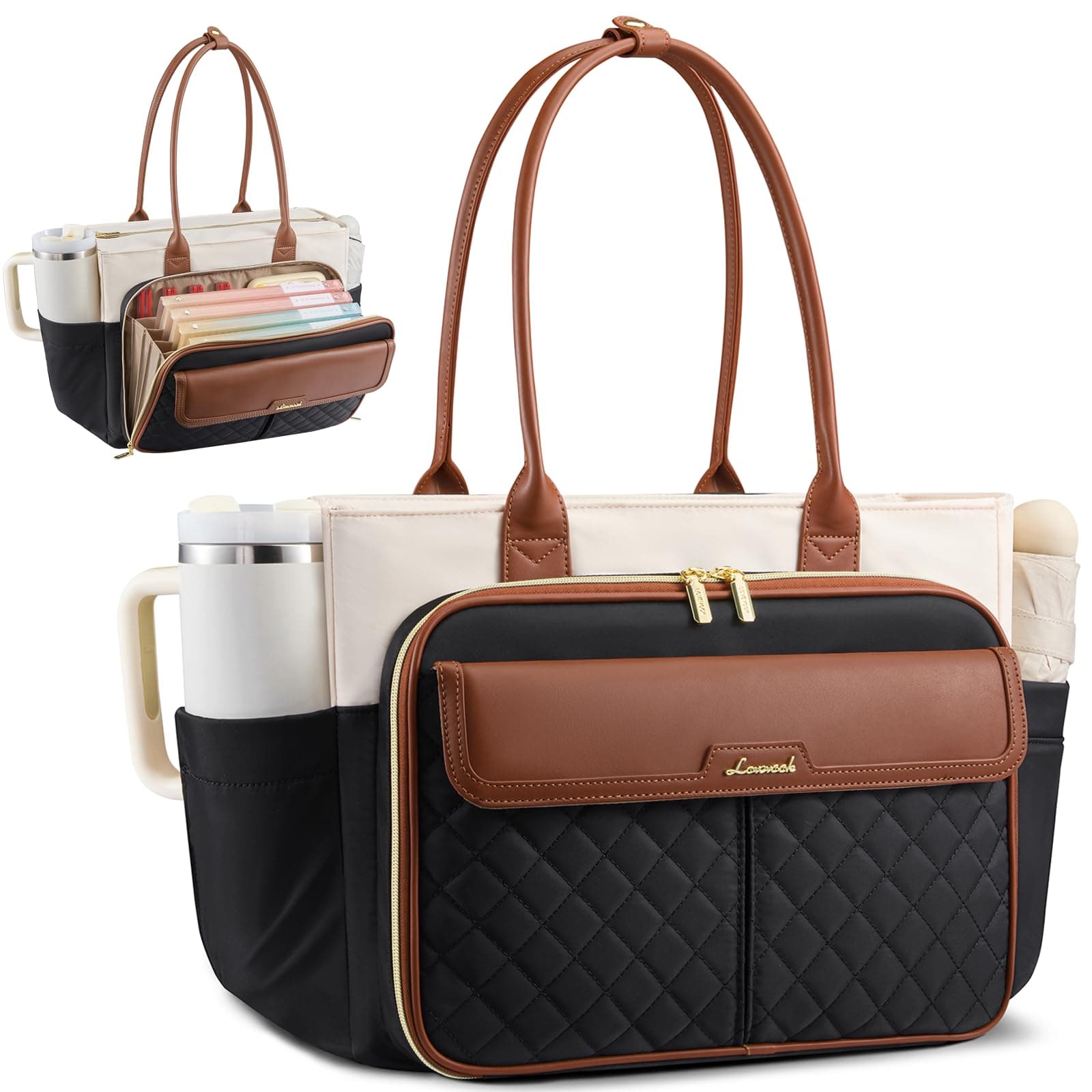 LOVEVOOK Teacher Tote Bag for Women Work, 15.6 Inch Laptop Bag with Large Cup Holder, Quilted Nurse Bag Briefcase with Accordion File Pocket, Computer Handbag for Bussiness Travel, Office, College