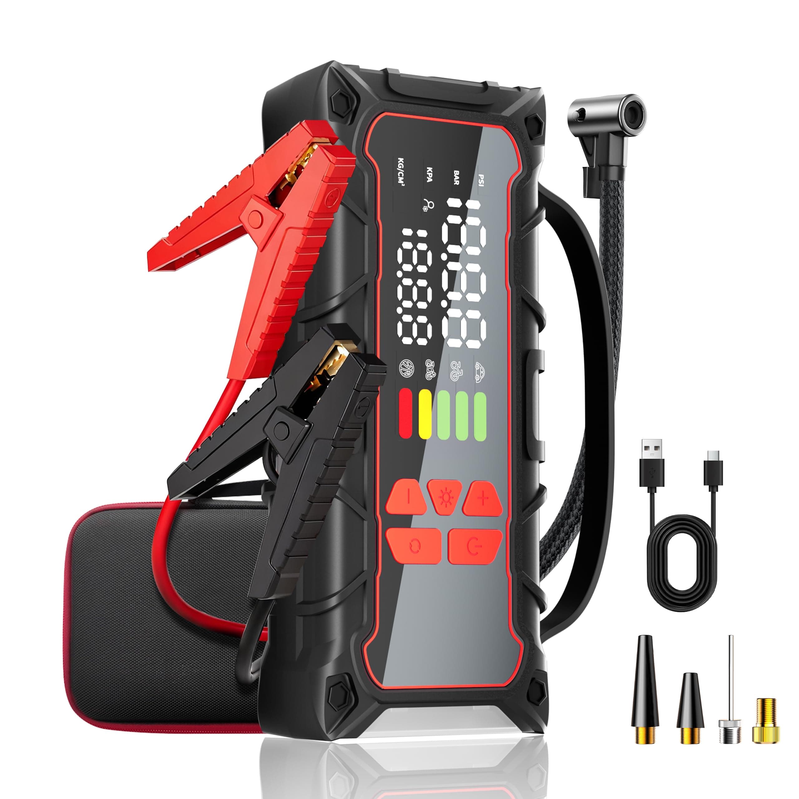 5000A Car Battery Jump Starter with Air Compressor 160PSI, Jumper Starter Portable for 7.0L Gas/6.0L Diesel, Jump Box for Car Battery with Tire Inflator & Power Bank& Jumper Cables, Emergency Kit