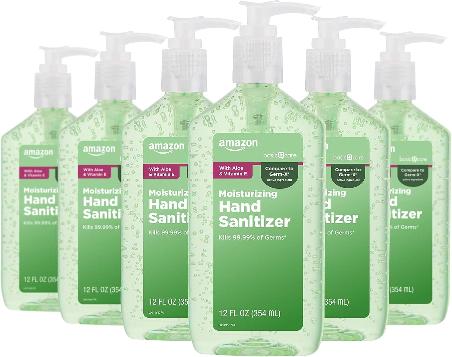 Amazon Basic Care Hand Sanitizer with Aloe Vera, 62% Ethyl Alcohol, Vitamin E Enriched, 12 fl oz, Pack of 6
