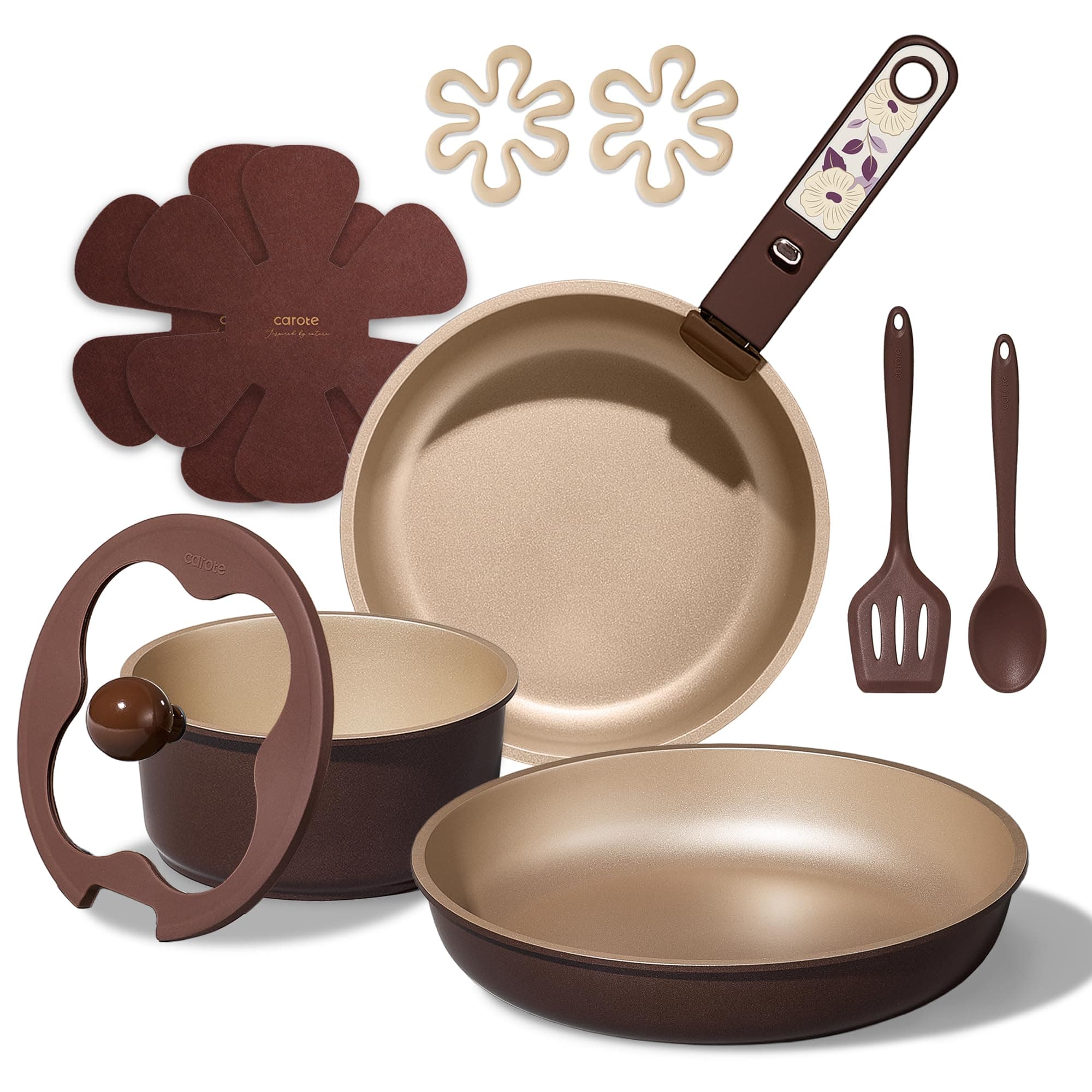 CAROTE 11pcs Ceramic Cookware Set, Pots and Pans Set Non stick, Induction Kitchen Cookware with Removable Handle, RV Dishwasher ＆ Oven Safe, RV/Camping Cookware, PFOA Free, Brown