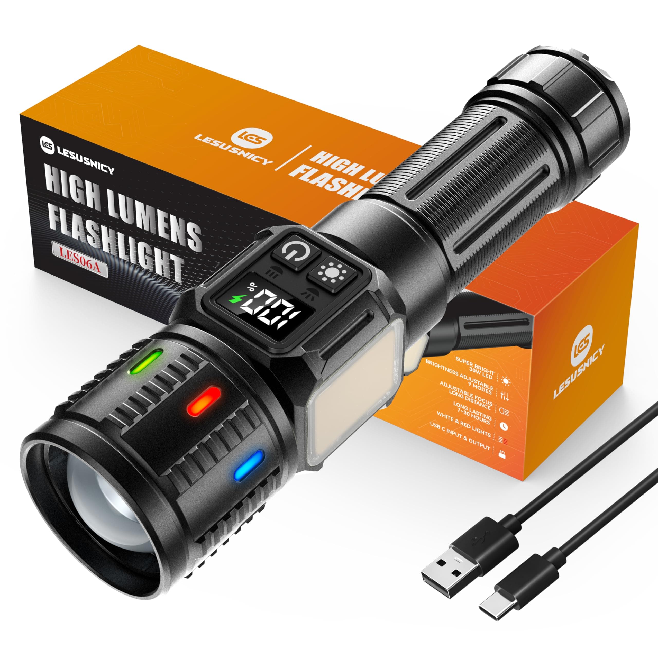 lesusnicy Rechargeable Flashlights High Lumens 100,000, Super Bright LED Flash Light Long Lasting USB C LCD Display, Dual Light Source & Buttons with Red Light, for Camping Hiking Emergency Home Gift