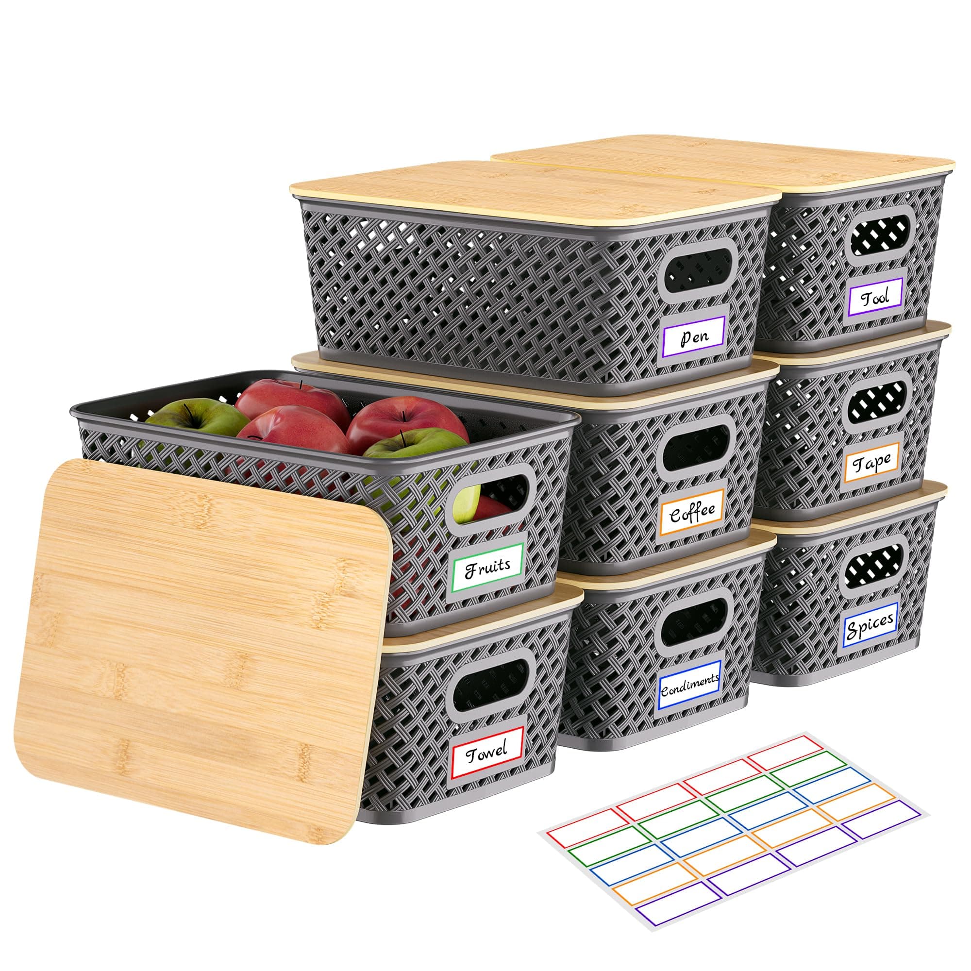 Anysig 8 Packs Plastic Storage Bins with Bamboo Lids - Stackable Storage Bins Decorative Small Basket Containers for Organizing Shelves Office Classroom Desktop Closet, Grey